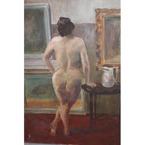 1244 - Oil on canvas, standing nude in an art gallery, unsigned, 60 x 50cm, unframed