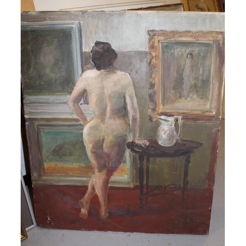 1244 - Oil on canvas, standing nude in an art gallery, unsigned, 60 x 50cm, unframed