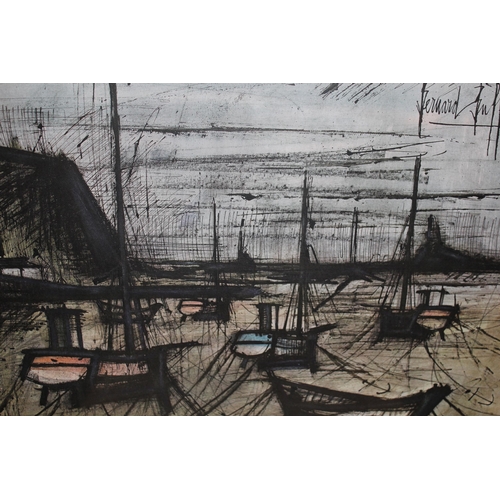 1246 - Framed coloured print, ' Harbour in Brittany ' after Bernard Buffet, another ' Spanish Balcony ', af... 