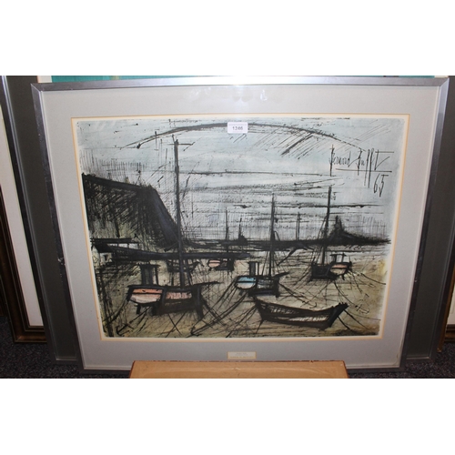 1246 - Framed coloured print, ' Harbour in Brittany ' after Bernard Buffet, another ' Spanish Balcony ', af... 