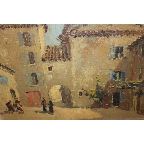 1249 - Early to mid 20th Century oil on canvas laid down on board, figures in a Continental courtyard, insc... 