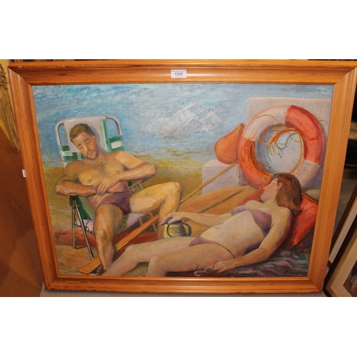 1250 - Patricia Tucker, oil on board, study of figures sunbathing, 58 x 78cm, Royal Academy Summer Exhibiti... 