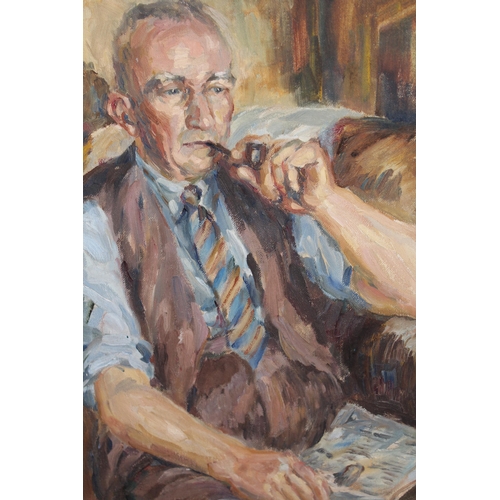 1251 - Patricia Tucker, oil on board, study of a seated man smoking a pipe, 47 x 37cm, gilt framed, togethe... 