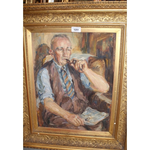 1251 - Patricia Tucker, oil on board, study of a seated man smoking a pipe, 47 x 37cm, gilt framed, togethe... 