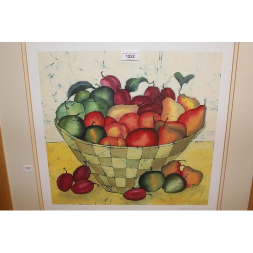 1252 - Jane Hickman, signed colour print, bowl of fruit, 40 x 42cm, mixed media study of buildings beside a... 