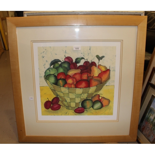 1252 - Jane Hickman, signed colour print, bowl of fruit, 40 x 42cm, mixed media study of buildings beside a... 