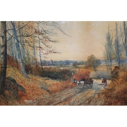 1254 - Walter Witham watercolour, figure collecting wood on a track, signed, 38 x 58cm