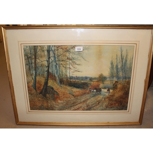 1254 - Walter Witham watercolour, figure collecting wood on a track, signed, 38 x 58cm