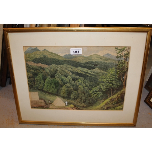 1258 - P O'Kelly Valley of Loorinur dated 1st May 1872, watercolour, titled, bearing label verso, framed, 2... 