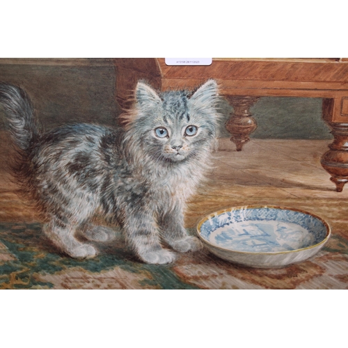 1259 - Wilson Hepple watercolour, study of a kitten feeding from a bowl, signed, 27 x 38cm, gilt framed