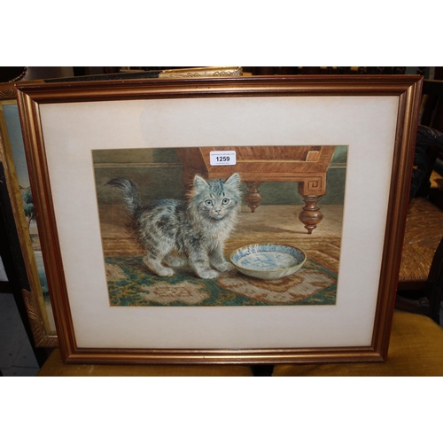 1259 - Wilson Hepple watercolour, study of a kitten feeding from a bowl, signed, 27 x 38cm, gilt framed