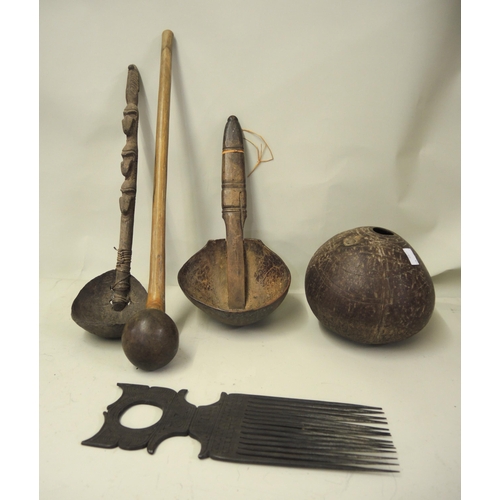 126 - Small quantity of African and Papua New Guinea tribal wooden artefacts including two coconut cups, g... 