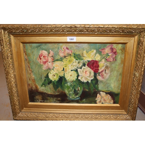 1261 - Oil on board, still life vase of roses, gilt framed, signed Bartlett, 30 x 46cm