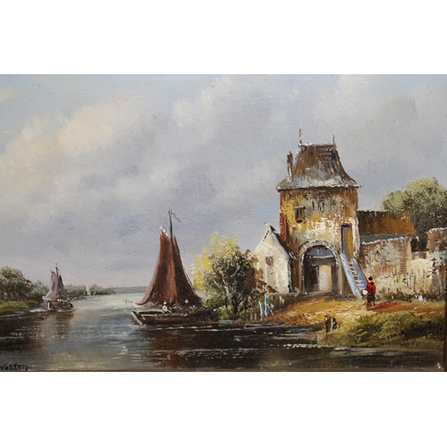 1265 - Pair of small modern oil paintings on panel, Continental harbour scenes, 12 x 17cm, gilt framed, tog... 