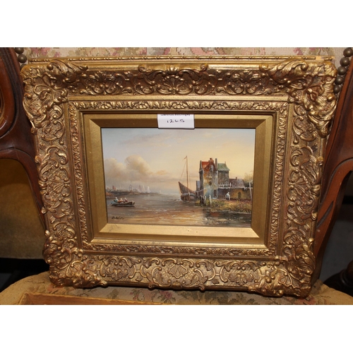 1265 - Pair of small modern oil paintings on panel, Continental harbour scenes, 12 x 17cm, gilt framed, tog... 