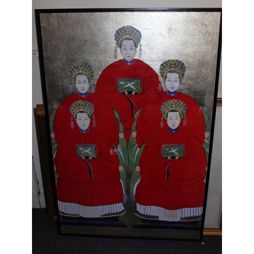 1270 - Large Chinese print on canvas, a family portrait, 117 x 77cm, framed