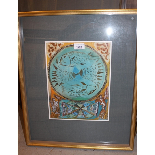 1281 - Michael Chase, watercolour ' Flying Fish and Angels ', unsigned, labelled verso, 30 x 23cm approxima... 