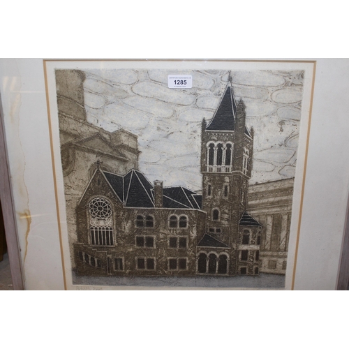 1285 - Valerie Thornton, artist's proof print, view of a church and bell tower, signed and dated '71, 39.5c... 