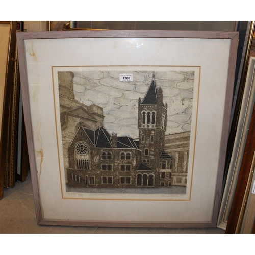 1285 - Valerie Thornton, artist's proof print, view of a church and bell tower, signed and dated '71, 39.5c... 