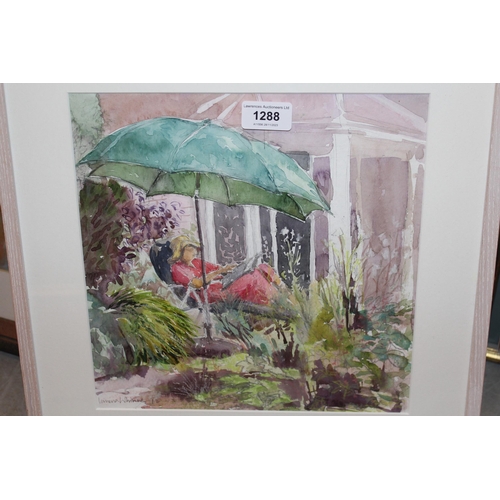 1288 - Vanessa Whinney, watercolour, figure beneath a parasol in a garden, 27 x 27cm, together with a paste... 