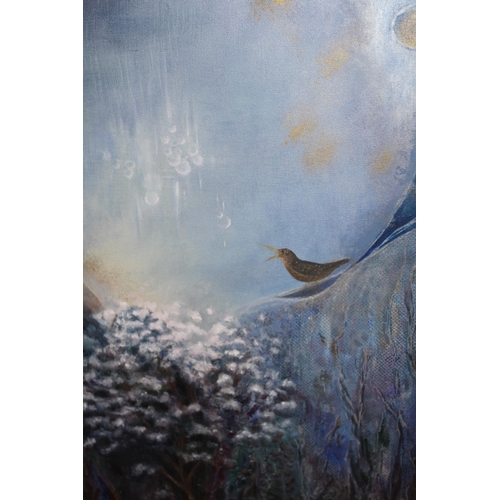 1289 - Modern oil on canvas, twilight garden scene with a bird in song, 60 x 45.5cm, in a silvered frame