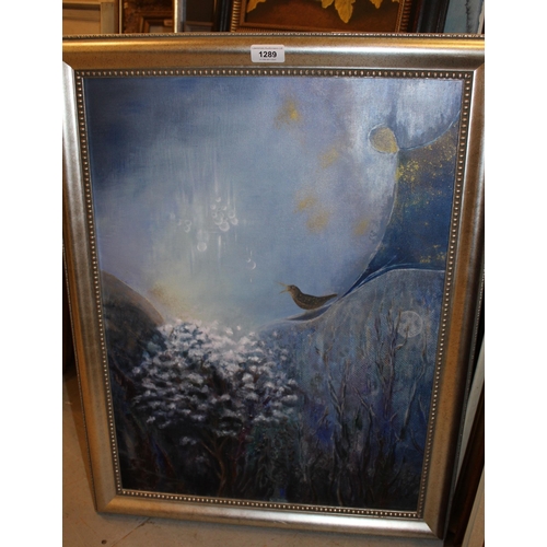 1289 - Modern oil on canvas, twilight garden scene with a bird in song, 60 x 45.5cm, in a silvered frame