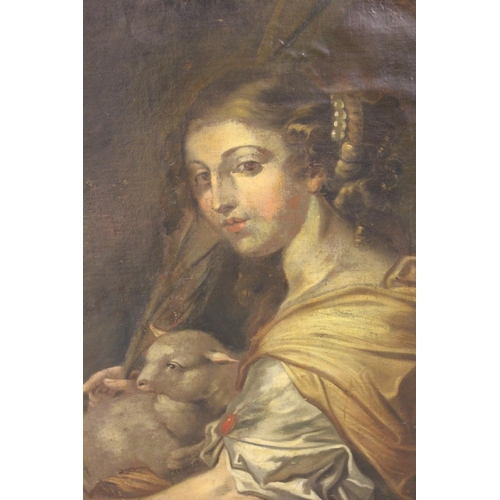 1291 - 18th/19th Century Continental oil on canvas of a classical female holding a staff and lamb, unframed... 