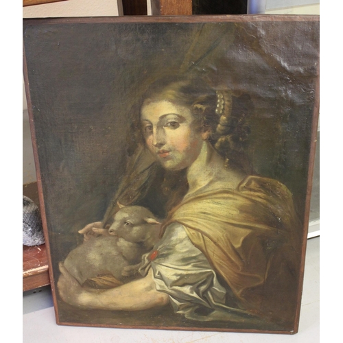 1291 - 18th/19th Century Continental oil on canvas of a classical female holding a staff and lamb, unframed... 