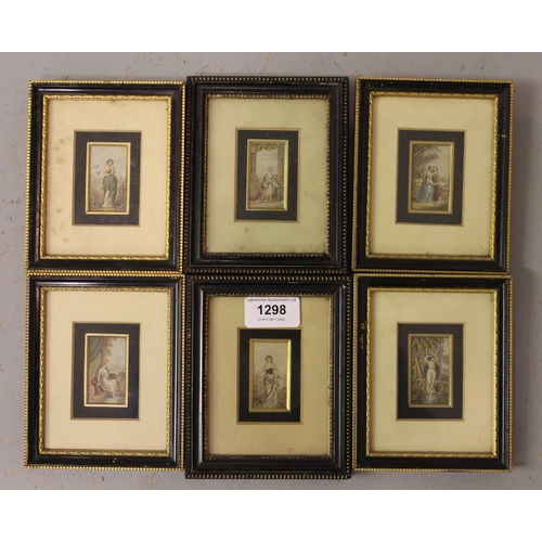 1298 - Set of six small coloured Baxter type prints in Hogarth frames, classical scenes of figures