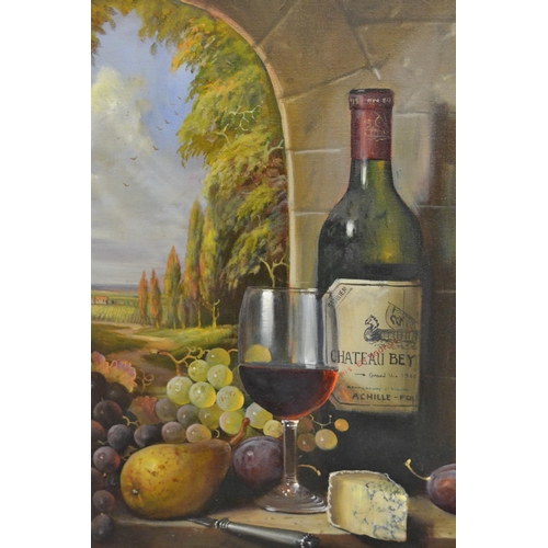 Raymond Campbell, oil on board, still life, bottle of Chateau Beychaville with grapes and view of the vineyard, signed, 50 x 40cm, gilt framed, with original receipt and papers