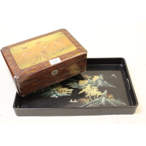 Red chinoiserie lacquer bird decorated box with hinged cover and a similar black lacquered tray