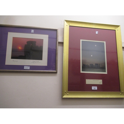 Three framed photographs of Stonehenge and another ' Raincloud Andalucia ', framed