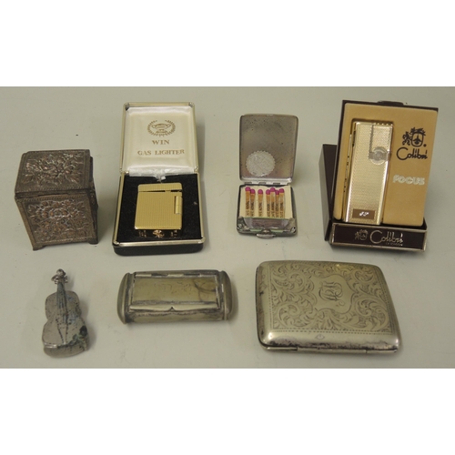 199 - Small antimony floral decorated box, plated vesta case in the form of a violin, another plated snuff... 