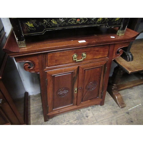 2033 - Modern Chinese hardwood alter table with single drawer and panelled doors, 71cm high x 74 cm wide x ... 