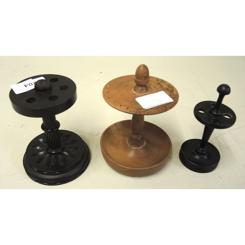 204 - Lignum Vitae turned hairpin holder, another smaller ebony pin holder and a turned pine hat pin holde... 