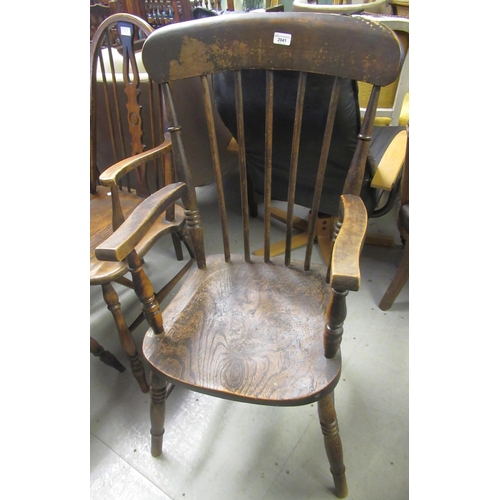 19th Century elm and beech stick back kitchen elbow chair