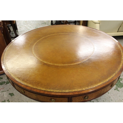 2046 - 19th Century mahogany and burr walnut circular drum table with leather inset top having gilt tooled ... 