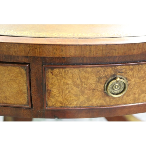 2046 - 19th Century mahogany and burr walnut circular drum table with leather inset top having gilt tooled ... 