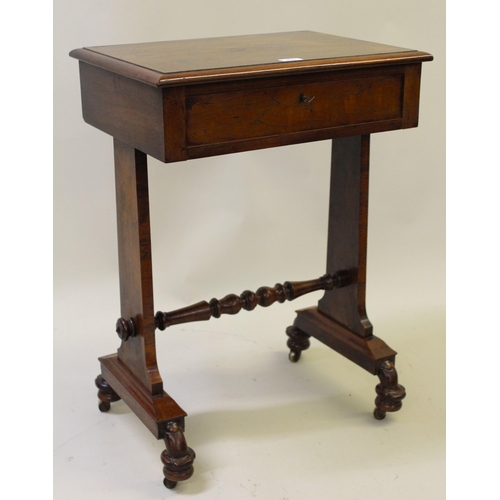 2047 - 19th Century rosewood work table, the rectangular moulded top above a single frieze drawer, with fit... 