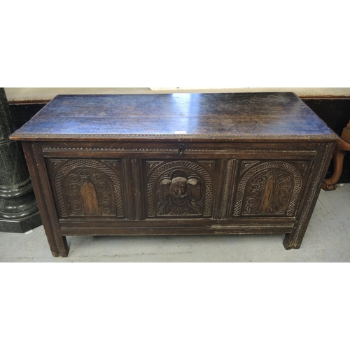 2071 - Antique oak coffer with panelled front, 116cm wide x 50cm deep x 69cm high