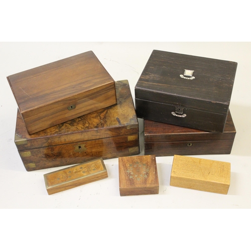 2074 - 19th Century burr walnut brassbound fold-over writing slope and other various boxes