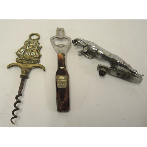 248 - Jaguar car mascot, advertising bottle opener and a corkscrew