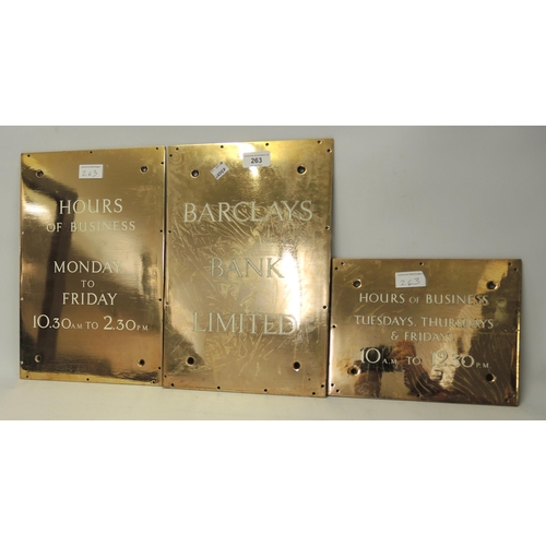 263 - Polished bronze sign for Barclays Bank Limited and two other similar bronzed signs for opening hours