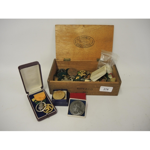 276 - Box containing a quantity of miscellaneous scouting related badges and buttons etc., together with a... 