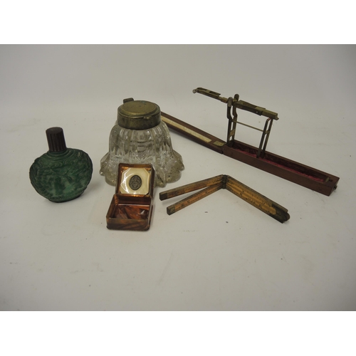 278 - Chinese green glass snuff bottle, pair of mahogany cased sovereign scales, boxwood rule, a seal and ... 