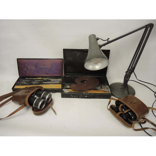 289 - Two pairs of leather cased binoculars, metal cased artist box, together with a metal cased drawing i... 