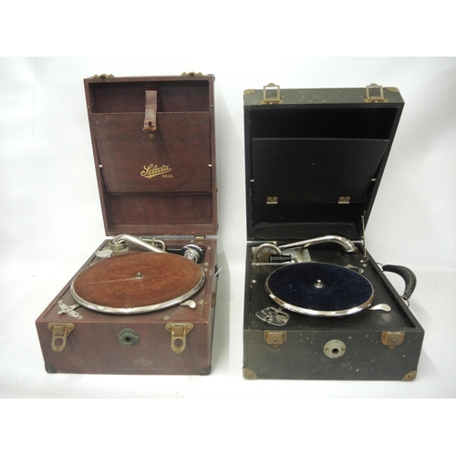 309 - Selecta table model wind-up gramophone in a red case, together with a similar gramophone in a black ... 