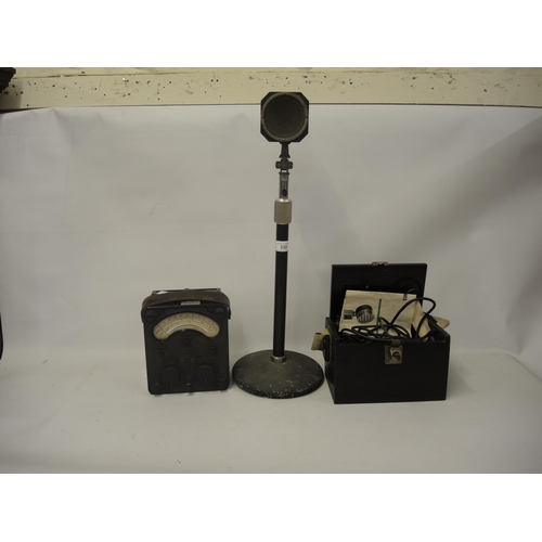 GEC vintage microphone on stand, together with another in EMI box and a Bakelite cased Universal Avometer
