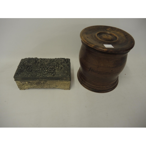 343 - Antimony box decorated with chrysanthemums and a turned wooden barrel and cover