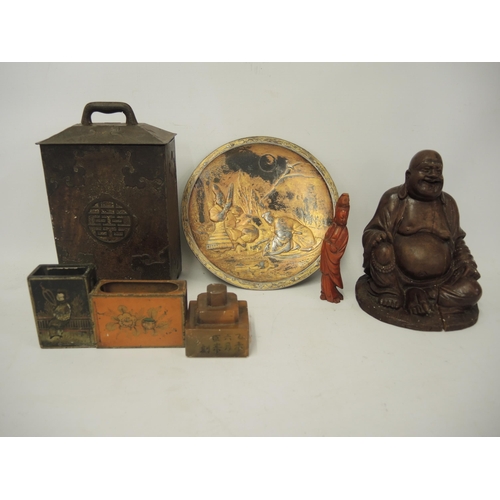 350 - Small quantity of various oriental items including plate, matchbox covers, Buddha, tin etc.